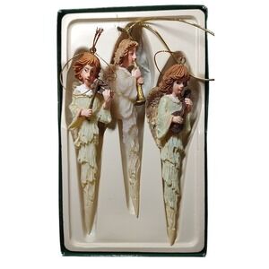 Vintage Angel Icicle Ornaments Musical Instruments Box Lot of Three Six Inch SEE
